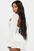 Black Cozy Micro Mini Dress with Sweetheart Neckline & Puff Sleeves – Corset Waist & Sheer Back(White,XS)