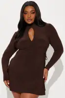 Chocolate Wrap Mini Dress with Mock Neckline & Long Sleeves – Stretchy & Stylish(Chocolate,XS)