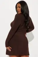Chocolate Wrap Mini Dress with Mock Neckline & Long Sleeves – Stretchy & Stylish(Chocolate,XS)