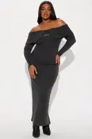 Elegant Off-Shoulder Sweater Maxi Dress with Long Sleeves & High Slit – Charcoal(Charcoal,XS)