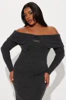 Elegant Off-Shoulder Sweater Maxi Dress with Long Sleeves & High Slit – Charcoal(Charcoal,XS)