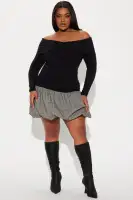 Off-Shoulder Plaid Bubble Mini Dress with Wrap Detail & Long Sleeves(Black/combo,XS)
