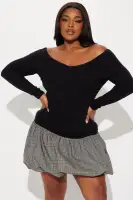 Off-Shoulder Plaid Bubble Mini Dress with Wrap Detail & Long Sleeves(Black/combo,XS)