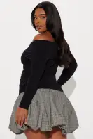 Off-Shoulder Plaid Bubble Mini Dress with Wrap Detail & Long Sleeves(Black/combo,XS)