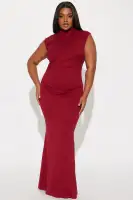 DarkRed Ponte Mock Neck Cap Sleeve Ruched Maxi Dress with Hidden Back Zipper(DarkRed,XS)