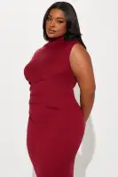 DarkRed Ponte Mock Neck Cap Sleeve Ruched Maxi Dress with Hidden Back Zipper(DarkRed,XS)
