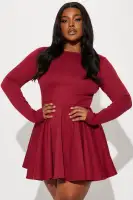 Elegant Pleated Mini Dress with High Neckline & Long Sleeves – Stretchy Rayon Blend(Wine,XS)