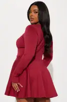 Elegant Pleated Mini Dress with High Neckline & Long Sleeves – Stretchy Rayon Blend(Wine,XS)