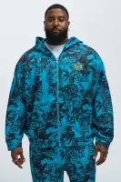 Full-Zip Front Graffiti Print Hoodie Casual Streetwear Blue Pullover(Blue,S)