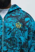 Full-Zip Front Graffiti Print Hoodie Casual Streetwear Blue Pullover(Blue,S)