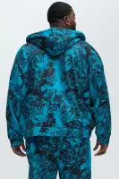 Full-Zip Front Graffiti Print Hoodie Casual Streetwear Blue Pullover(Blue,S)