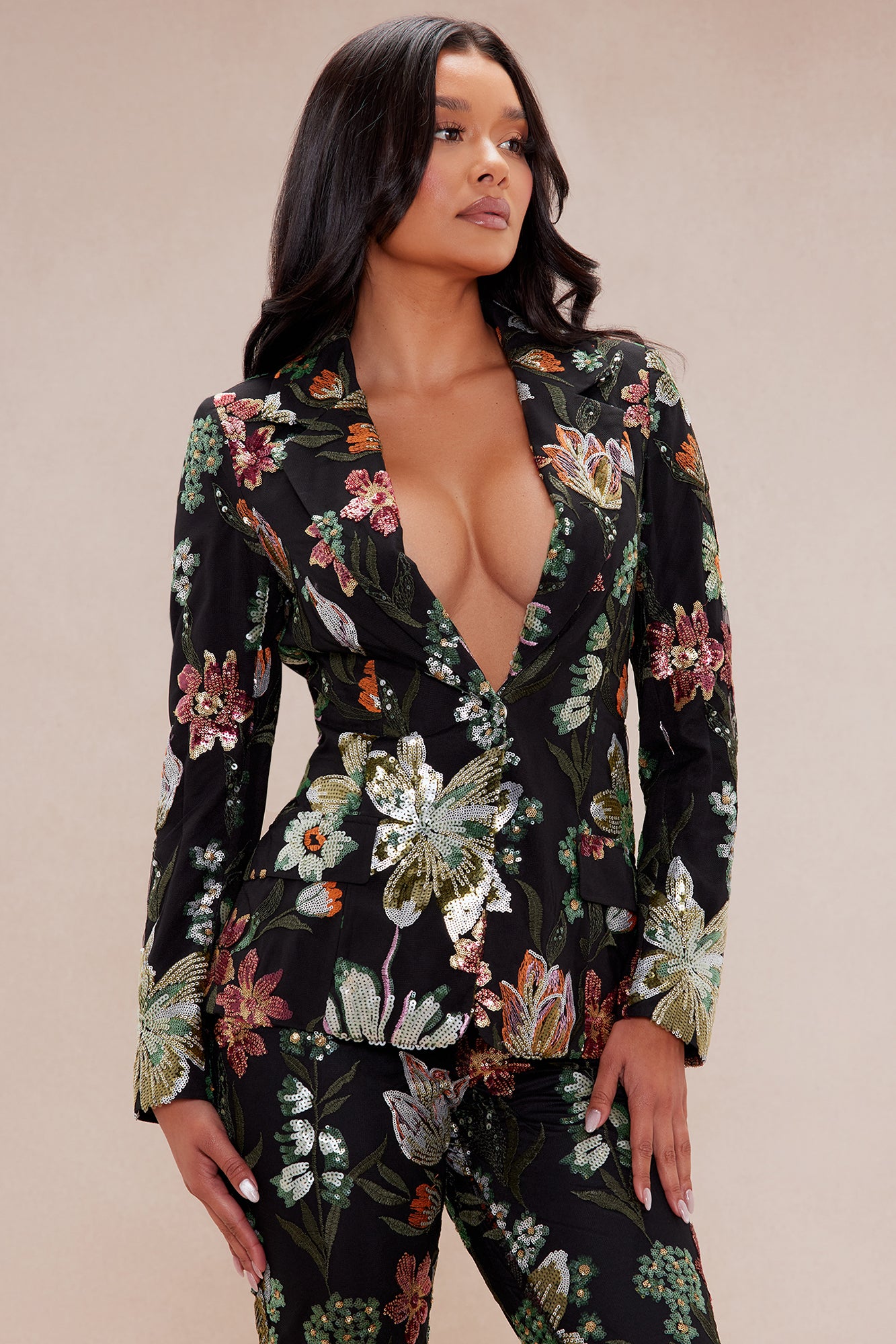 Elegant Blazer Lapel Long Sleeve Suit Set with Shoulder Pads & Flare Pants