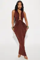 Chocolate Maxi Dress - Deep V Neck Sleeveless Ruched Stretch Dress - 94% Polyester 6% Spandex