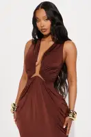 Chocolate Maxi Dress - Deep V Neck Sleeveless Ruched Stretch Dress - 94% Polyester 6% Spandex(Chocolate,XS)