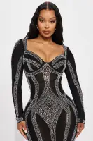 Elegant Black Mesh Gown with Rhinestone Embellishments & Sweetheart Neckline(Black,XS)