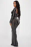 Elegant Black Mesh Gown with Rhinestone Embellishments & Sweetheart Neckline(Black,XS)