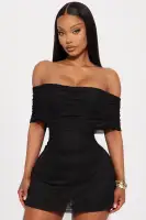 Sexy Off-Shoulder Mesh Mini Dress - Black & Wine, Ruched & Stretchy