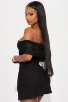 Sexy Off-Shoulder Mesh Mini Dress - Black & Wine, Ruched & Stretchy(Black,XS)