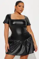 Chic Black Faux Leather Mini Dress - Square Neck, Cap Sleeves & Drop Waist(Black,XS)