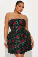 Floral Mini Dress with Lace-Up Back & Bow Detail - Strapless Black/Red Polyester Party Dress(Black/Red,XS)