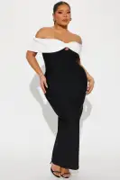 Sexy Off-Shoulder Bandage Maxi Dress with Keyhole Back & Slit - Stretchy Polyester - Black/White(Black/White,XS)