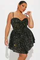 Sparkling Black Sequin Mini Dress with Sweetheart Neckline & Built-in Shorts(Black,XS)