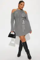 Elegant Grey Cold Shoulder Sweater Mini Dress with Lace-Up & Pleated Detail(Grey,XS)