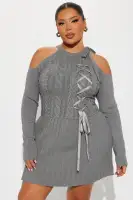 Elegant Grey Cold Shoulder Sweater Mini Dress with Lace-Up & Pleated Detail(Grey,XS)