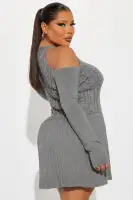 Elegant Grey Cold Shoulder Sweater Mini Dress with Lace-Up & Pleated Detail(Grey,XS)