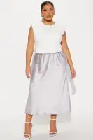 Elegant Grey Satin Midi Dress - High Neck, Sleeveless & Ruched with Stretch(Grey,XS)