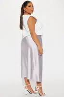 Elegant Grey Satin Midi Dress - High Neck, Sleeveless & Ruched with Stretch(Grey,XS)