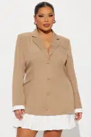 Elegant Black & Khaki Blazer Mini Dress with Pleated Detail & Side Zipper – 95% Polyester 5% Spandex(Khaki,XS)