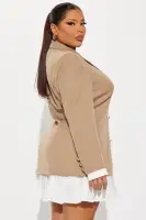Elegant Black & Khaki Blazer Mini Dress with Pleated Detail & Side Zipper – 95% Polyester 5% Spandex(Khaki,XS)