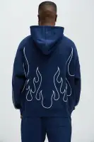 Brown Zip Closure Long Sleeve Casual Hoodie(Navy/combo,S)