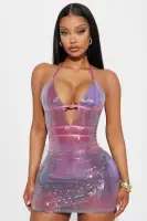 Sexy Sequin Mini Dress - Deep V-Neck Halter with Strappy Cut-Outs, Stretchy & Lined, Available in Purple/Combo(Purple/combo,XS)