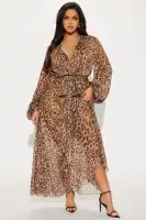 Elegant Leopard Print Maxi Dress with V-Neck, Balloon Sleeves & Tie Waist – 100% Polyester(Leopard,XS)