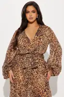 Elegant Leopard Print Maxi Dress with V-Neck, Balloon Sleeves & Tie Waist – 100% Polyester(Leopard,XS)