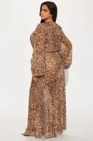 Elegant Leopard Print Maxi Dress with V-Neck, Balloon Sleeves & Tie Waist – 100% Polyester(Leopard,XS)