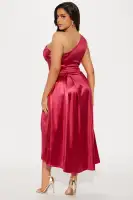 Elegant One Shoulder Tricot Midi Dress with Pocket - Stretchy & Stylish(Wine,XS)