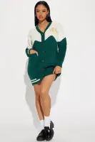 Stylish Pink & Hunter Sweatshirt Mini Dress - Long Sleeves, Y-Neckline, Embroidered Detail, Button Front, Stretchy & Comfortable