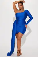 Elegant One-Shoulder Mini Dress with Long Sleeves & Drape Detail – Royal, Black, Hunter(Royal,XS)