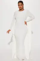 Elegant Long Sleeve High Neck Maxi Dress with Drape Detail - Available in Black & White(White,XS)