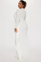 Elegant Long Sleeve High Neck Maxi Dress with Drape Detail - Available in Black & White(White,XS)
