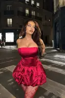 Elegant Wine Satin Mini Dress – Strapless Corset Waist with Lace-Up Back & Bubble Hem