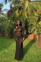 Elegant Black Mesh Gown with Lace-Up Back & Train - Includes Stretch Panty (Long Sleeve, High Neck)(Black,XS)