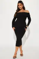 Off-Shoulder Ribbed Midi Dress with Long Sleeves – Stretchy & Elegant in Hunter, Black, or Blue(Black,XS)