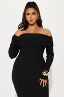 Off-Shoulder Ribbed Midi Dress with Long Sleeves – Stretchy & Elegant in Hunter, Black, or Blue(Black,XS)