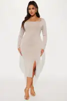 Elegant Square Neck Midi Dress with Long Sleeves & Side Slit – Black & Taupe(Taupe,XS)