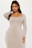 Elegant Square Neck Midi Dress with Long Sleeves & Side Slit – Black & Taupe(Taupe,XS)
