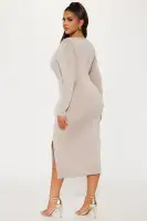 Elegant Square Neck Midi Dress with Long Sleeves & Side Slit – Black & Taupe(Taupe,XS)